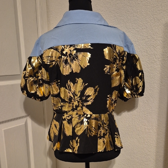SHEIN Blue and Gold Floral Blouse - Picture 2 of 6